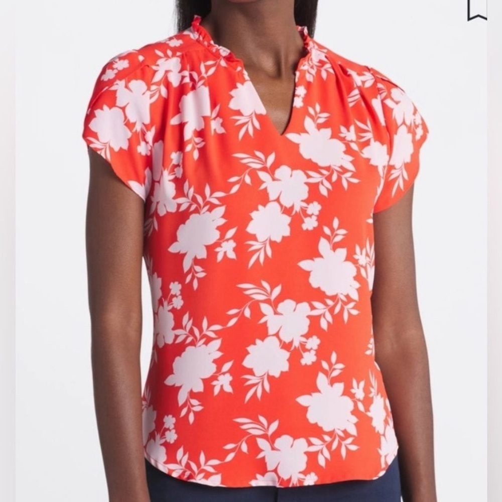 Women's 41 HAWTHORN Red Coral & Pink Floral Blouse, Size XXL, Tulip Sleeves